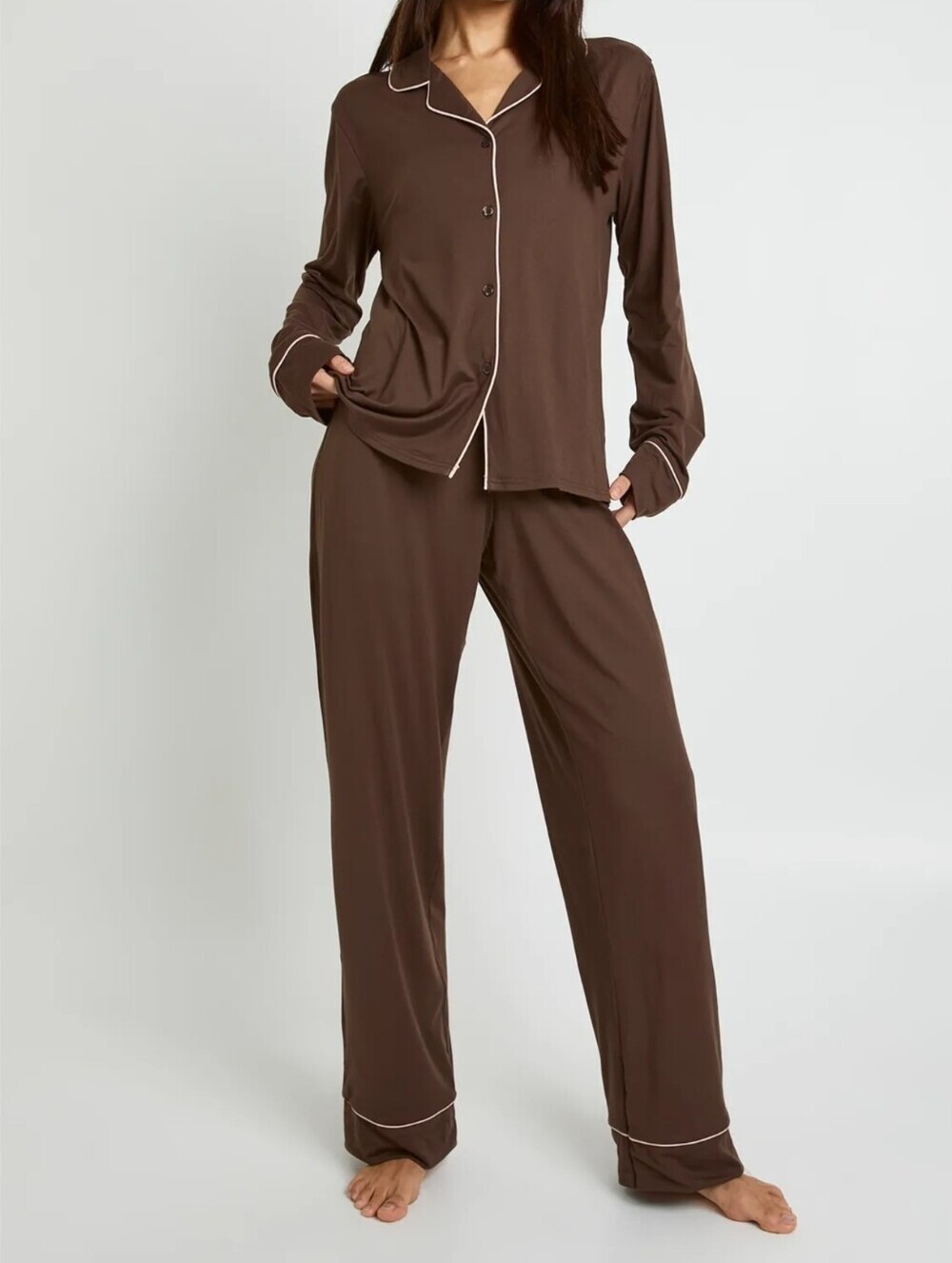 Express Brown Pajama Set with Cream Piping Top M Pant L